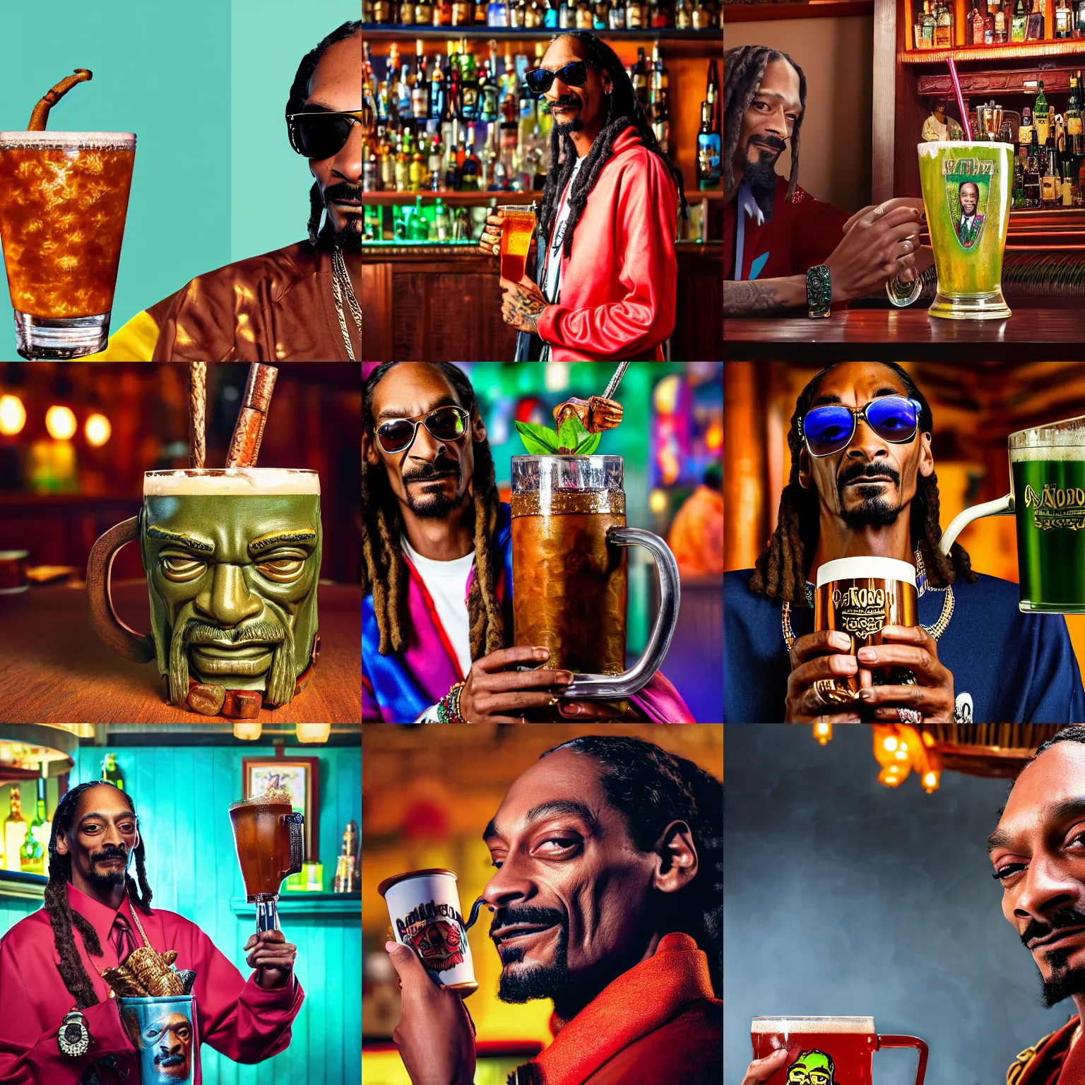 Prompt: a closeup photorealistic photograph of snoop dogg at trader vic's bar holding a tiki mug with his face on it. brightly lit scene. this 4 k hd image is trending on artstation, featured on behance, well - rendered, extra crisp, features intricate detail, epic composition and the style of unreal engine.