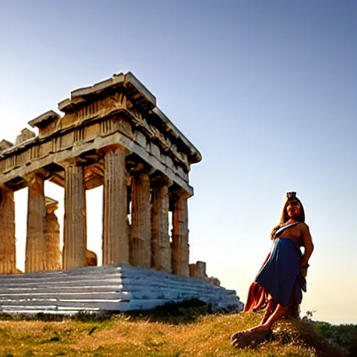 Prompt: tiny greek goddess in steel helmet standing on a giant greek bearded male head, greek temple of olympus glory island, late afternoon light, wispy clouds in a blue sky, by frank lloyd wright and greg rutkowski and ruan jia