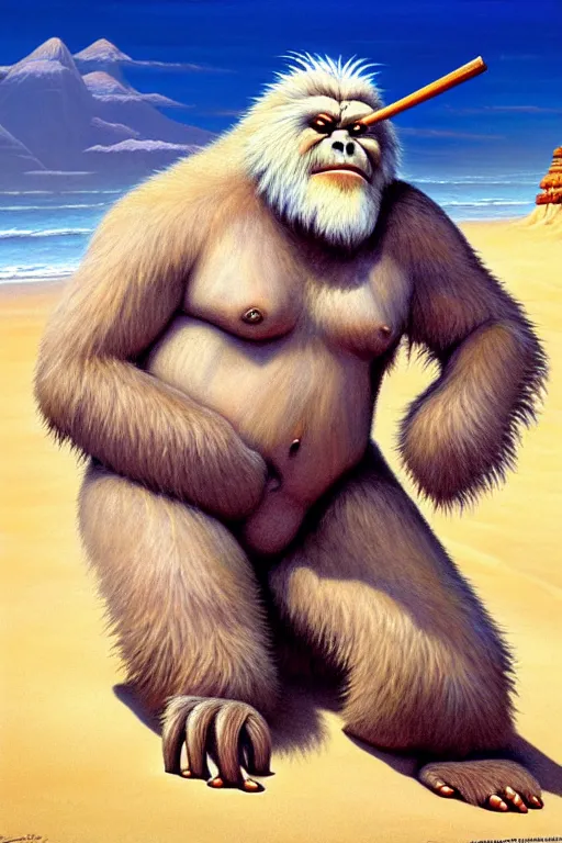 Prompt: classic oil painting, an exhausted yeti that is dripping sweat, as a dnd character, on a hot sandy beach, cottagecore, highly detailed, digital illustration, concept art, fullbody shot, smooth, sharp focus, art by tim hildebrandt, and greg hildebrandt