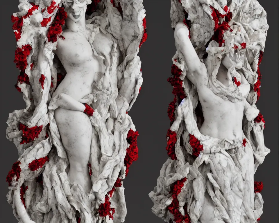 Image similar to intrincate carrara marble red green and white statue of Oblivium Blossom Goddess made by Kris Kuksi and HR Giger and Lois Greenfield