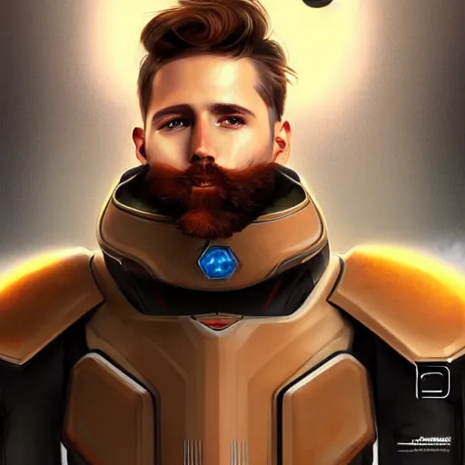 Image similar to Portrait of a man with brown hair and beard in futuristic sci-fi armor, blasters on his belt, digital art, realistic, artstation, detailed