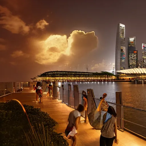 Prompt: Singapore Esplanade Marina Bay city with a lion-shaped cloud in the sky, by greg rutkowski, red and white lighting, digital art, ultra realistic, ultra detailed, photorealistic, 4k, character concept