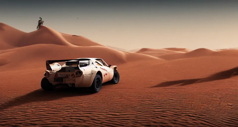 Image similar to Lancia Stratos Rally car Jumping over dunes in a desert, landscape, center composition, cinematic, rendered by simon stålenhag, rendered by Beeple, Makoto Shinkai, syd meade, environment concept, digital art, unreal engine, WLOP, trending on artstation, 4K UHD image, octane render,