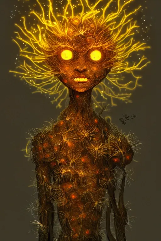 Image similar to a humanoid figure dandelion plant monster, amber eyes, highly detailed, digital art, sharp focus, ambient glow, trending on art station, anime art style