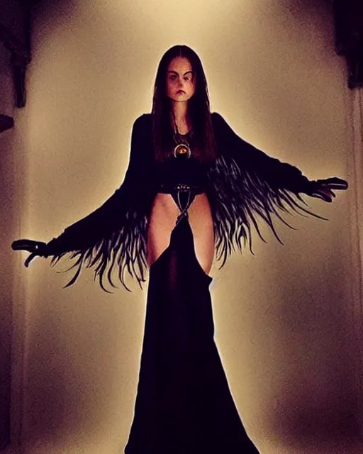 Image similar to style of john howe : : gorgeous willa holland : : evil witch, swirling black magic, black dress : : symmetrical face, symmetrical eyes : : full body pose : : gorgeous black hair : : magic lighting, low spacial lighting : :