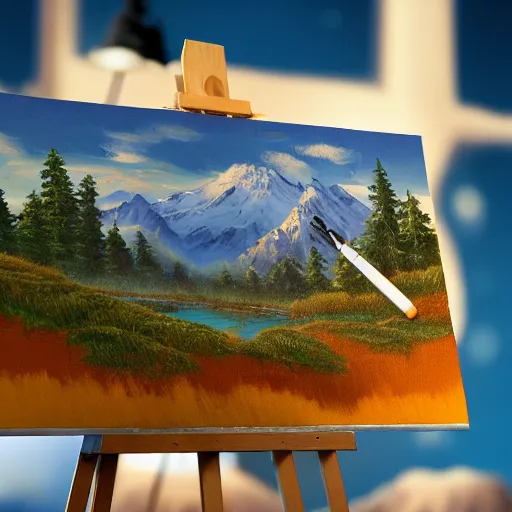 Image similar to a closeup photorealistic photograph of bob ross working on a canvas painting of mickey mouse. film still. brightly lit scene. mountains and trees. this 4 k hd image is trending on artstation, featured on behance, well - rendered, extra crisp, features intricate detail, epic composition and the style of unreal engine.