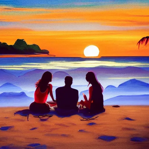 Image similar to one young man and one young woman drinking wine on a beach at sunset, beautiful colors, amazing landscape, painting, stunning details