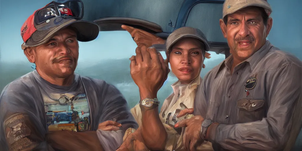 Prompt: highly detailed portrait painting of truck driver and angelina joile by eddie mendoza and tyler edlin, 8 k resolution