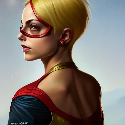 Prompt: Willa Holland with blonde hair as Kid Flash, western, D&D, fantasy, intricate, elegant, highly detailed, digital painting, artstation, concept art, matte, sharp focus, illustration, art by Artgerm and Greg Rutkowski and Alphonse Mucha