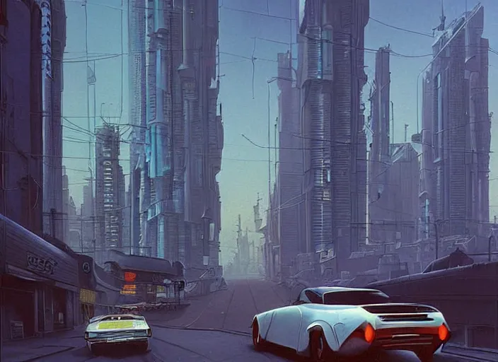 Image similar to a car driving down a street next to tall buildings the night at noon, cyberpunk art by Chesley Bonestell, cgsociety, retrofuturism, matte painting, reimagined by industrial light and magic