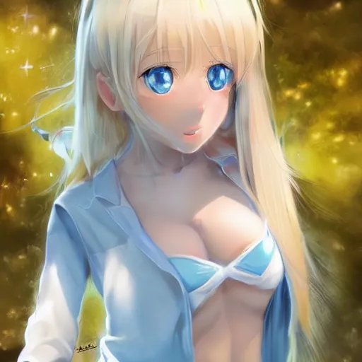 Image similar to tiny father a tall daughter picture : a very beautiful young blond anime girl, sky blue eyes, bikini, white miniskirt, highly detailed, cinematic wallpaper by stanley artgerm lau