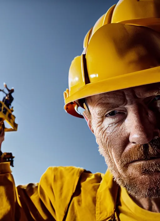 Image similar to closeup portrait of mecha bryan cranston with construction crane arms, yellow hardhat, sitting in a crane, natural light, bloom, detailed face, magazine, press, photo, steve mccurry, david lazar, canon, nikon, focus