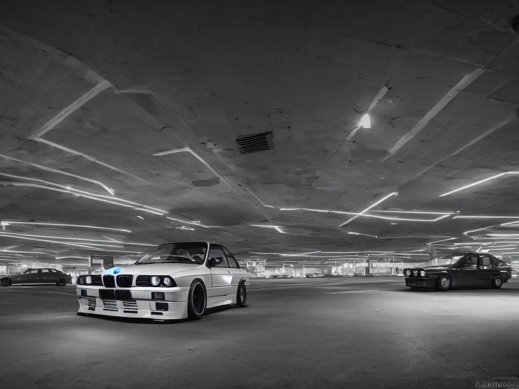 Image similar to a modified bmw e 3 0 with lights on in a futuristic neon parking garage, 3 5 mm photography, car photography, clean lines, realistic