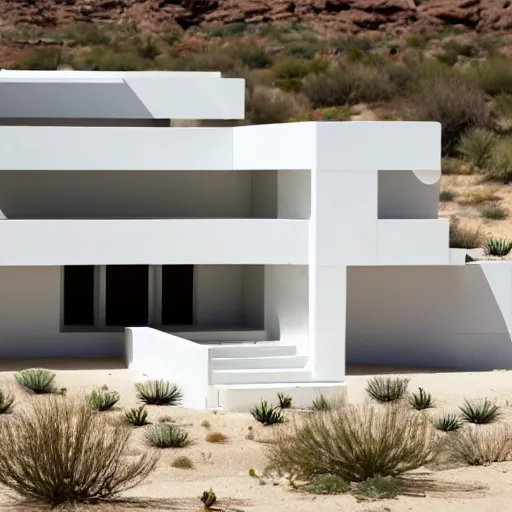 Image similar to white lego architect building in the dessert, with a lot plants and infinite pool