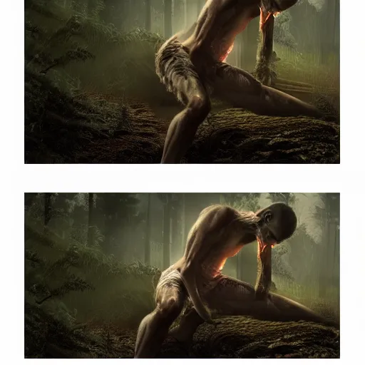 Image similar to man ripping off his skin turning into a werewolf, forest scenery, full moon, illuminated lighting, highly detailed, 4 k