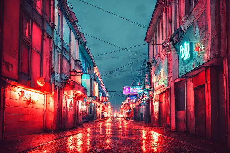 Image similar to a saint - petersburg city street filled with lots of neon signs, cyberpunk art by liam wong, pinterest, shin hanga, anime aesthetic, streetscape, photo taken with ektachrome