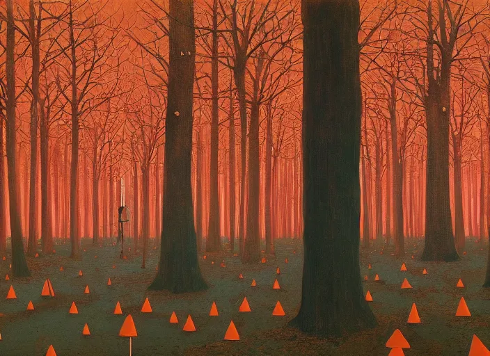 Prompt: a forest with a 5 orange cones scattered about, by surrealist james jean, in the style of francis bacon and edward hopper and beksinski