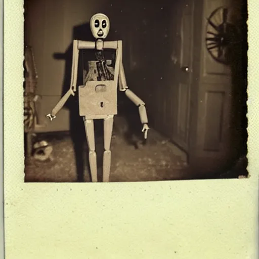 Prompt: female alive, creepy marionette puppet, leaping towards viewer, horrific, unnerving, clockwork horror, pediophobia, lost photograph, dark, forgotten, final photo found before disaster, human in the background polaroid,