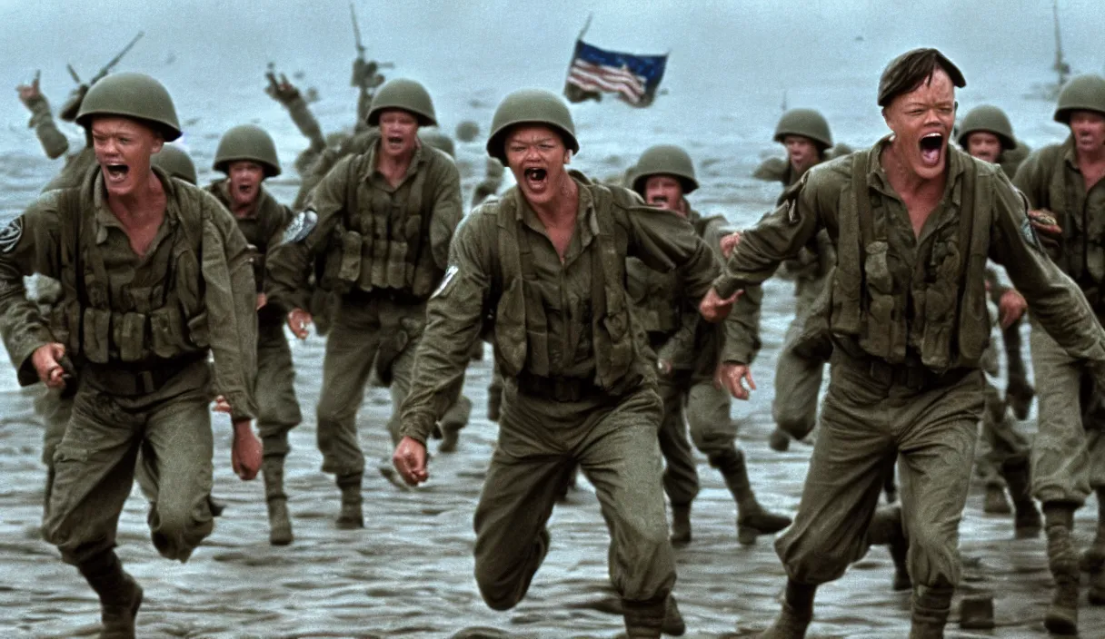 Prompt: Hollywood image of Matthew Lillard as shaggy from scooby doo, storming the beaches of Normandy, with soldiers by his side, saving private Ryan, 70mm film, HD, high detail, photorealistic, epic shot, Hollywood cinematic, Christopher Nolan