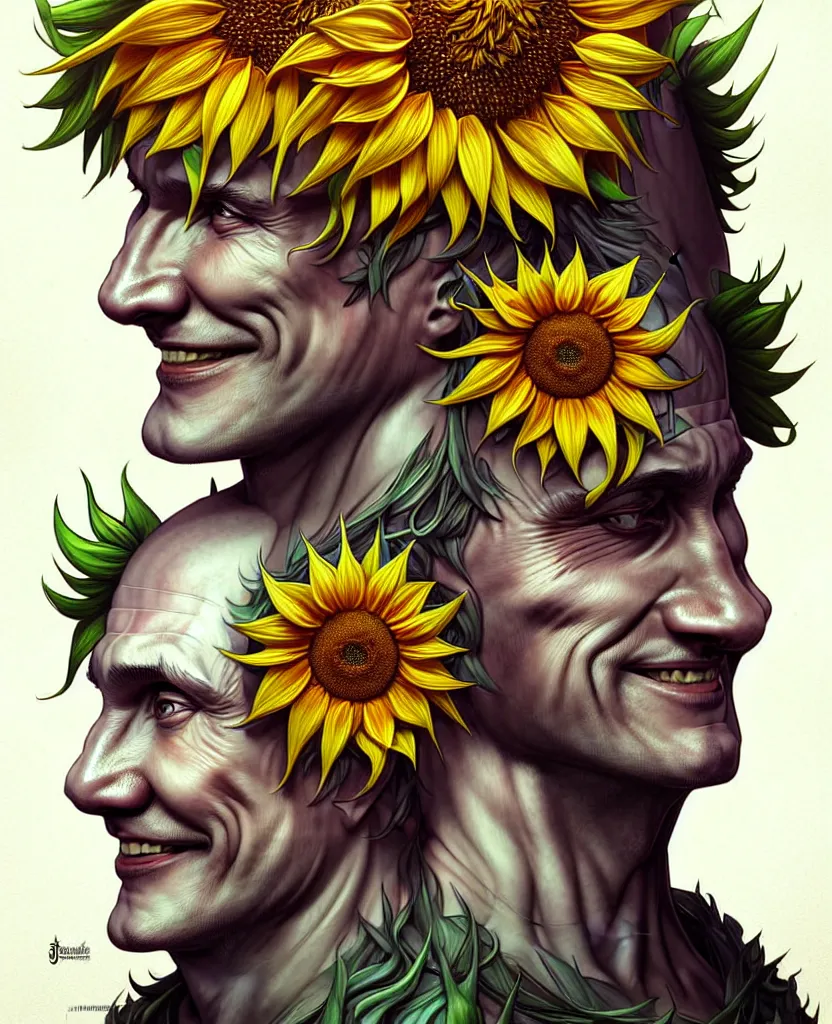 Image similar to digital art, centered full body of Putin smiling king, Sunflower crown, ,intricate, veins, by James Jean and by artgerm , by ross tran ultradetailed, charachter design, concept art, trending on artstation,