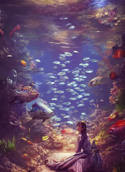 Prompt: people observing lots of beautiful fish in an underground aquarium corridor, in the style of artgerm, fantasy art, ray tracing, water droplets, highly detailed, artstation trend, highly detailed and intricate, sharp focus, photography, unreal engine 5