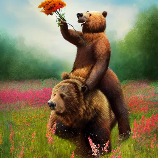 Prompt: girl riding a giant grizzly bear in a field of flowers, trending on artstation