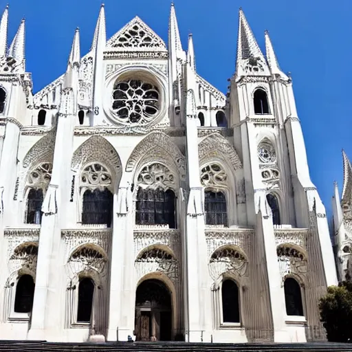 Prompt: architect, white marble gothic cathedral, with mandala flames windows, a gothic girl dressed in black with perfect face