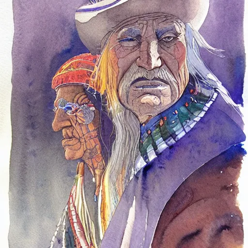 Prompt: a 3 / 4 view watercolor ink painting of old shaman and american man near, old mexican magician closes eyes, gray haired, in the style of jean giraud in the style of moebius trending on artstation deviantart pinterest detailed realistic hd 8 k high resolution