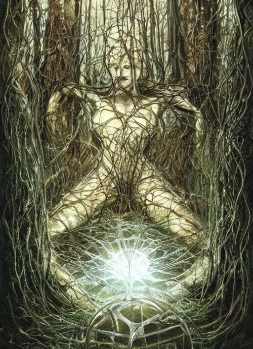 Image similar to a crystal cube in a forest, highly detailed, intricate, concept art, art station, cinematic light, realistic, ethereal light, art by H.R. Giger and sorayama