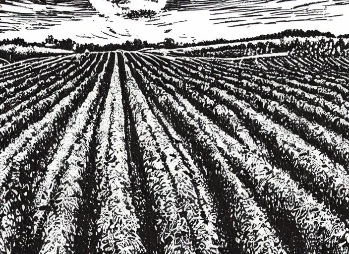 Image similar to linocut vineyard landscape by greg rutkowski, fine details, highly detailed