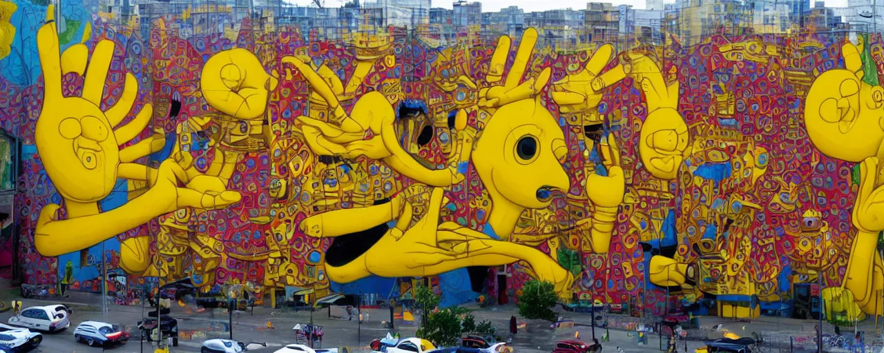 Image similar to a huge and complex mural by os gemeos, street art style, graffiti, hyperdetailed