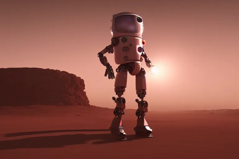 Prompt: a relaxed robot standing on mars looking at a mars base, blender render, 8 k, red lighting, misty, smog,