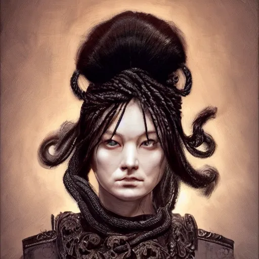 Image similar to portrait of a Shibari rope wrapped face and neck, headshot, insanely nice professional hair style, dramatic hair color, digital painting, of a old 18th century, Royal Emperor, amber jewels, baroque, ornate clothing, scifi, realistic, hyperdetailed, chiaroscuro, concept art, art by Franz Hals and Jon Foster and Ayami Kojima and Amano and Karol Bak,