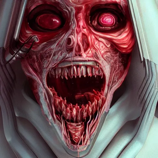 Image similar to a computer coated in, skin, flesh, blood, guts and teeth, artstation