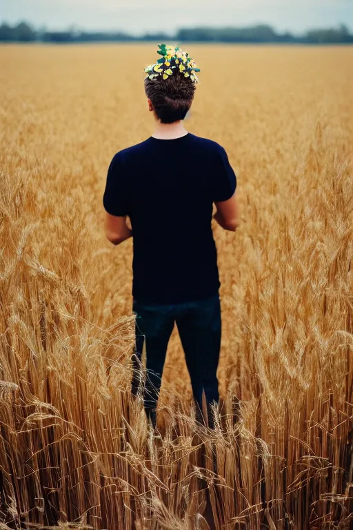 Image similar to kodak portra 4 0 0 photograph of a guy standing in a field of wheat, back view, flower crown, telephoto, faded effect, grain,
