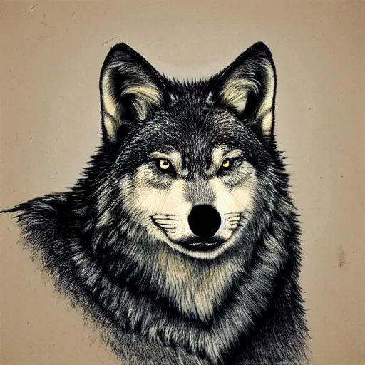 Image similar to realistic portrait of retarded wolf, eyes in different directions, very ugly, stupid