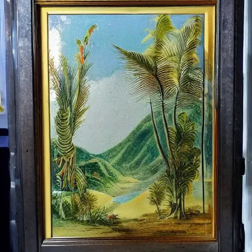 Prompt: a dusty old framed painting of a beautiful tropical landscape