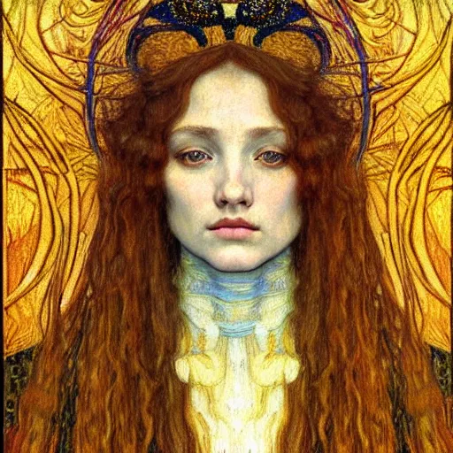 Image similar to detailed realistic beautiful young medieval queen face portrait by jean delville, gustav klimt and vincent van gogh, art nouveau, symbolist, visionary, gothic, pre - raphaelite, beautiful muted earthy colors