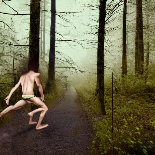 Prompt: a teenage boy, around 1 9 years old with necklace, natural brown hair, loincloth, pale skin, detailed face. running in ominous and eerie looking forest. natural color. realistic photo.