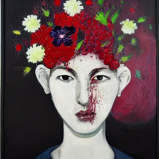 Image similar to “art in an Australian artist’s apartment, portrait of a woman wearing stained white cotton cloth, stained by fresh raspberries and strawberries and blueberries, white wax, edible flowers, Japanese pottery, Australian native white and red flowers ikebana, black walls, acrylic and spray paint and oilstick on canvas”