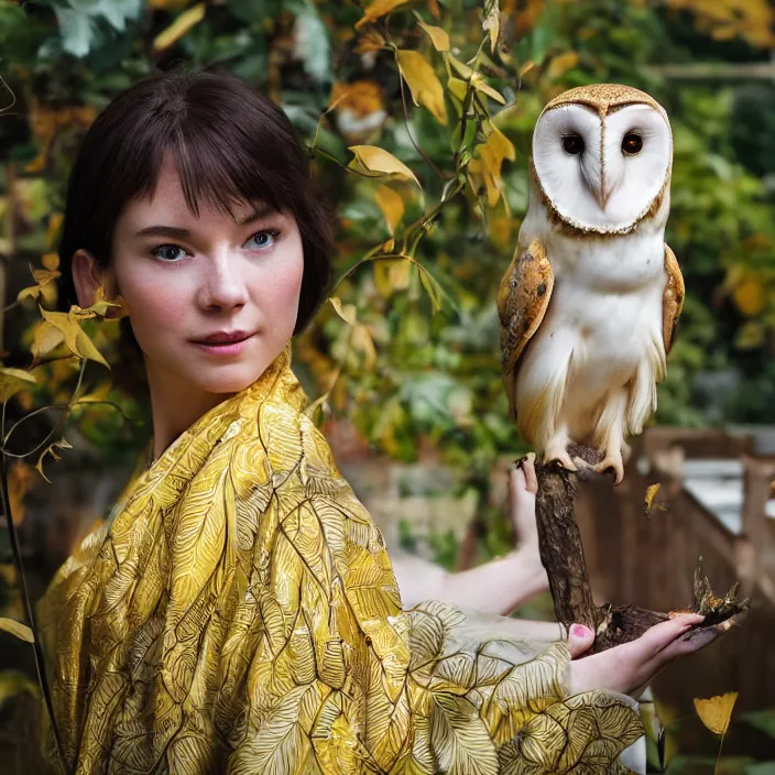 Prompt: portrait photograph of an extremely beautiful!!!! young female , symmetric face!, symmetric round detailed eyes!!, slight smile, natural light, wearing a yellow kimono!! with a very detailed barn owl! on her shoulder in a tropical greenhouse. looking at the camera!!. golden crown made of golden leaves. super resolution. Extremely detailed. Graflex camera!, bokeh!!!!! trending on artstation.