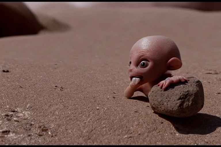 Image similar to vfx movie scene closeup adorable curios tiny little baby alien creature in moon desert eating a rock. by emmanuel lubezki