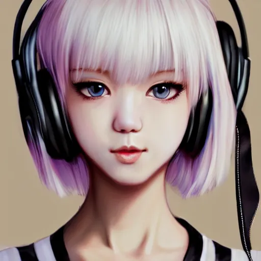 Prompt: realistic detailed semirealism beautiful gorgeous natural cute excited happy Blackpink Lalisa Manoban white hair white cat ears blue eyes, wearing black camisole outfit, headphones, black leather choker artwork drawn full HD 4K high resolution quality artstyle professional artists WLOP, Aztodio, Taejune Kim, Guweiz, Pixiv, Instagram, Artstation