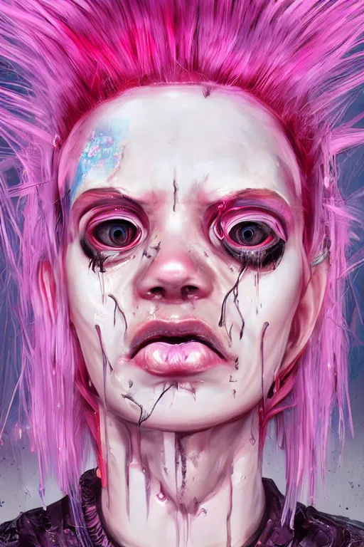 Prompt: portrait of a melting punk girl pink hair . intricate abstract. intricate artwork. nightmare fuel. terrifying. by Tooth Wu, wlop, beeple, dan mumford , trending on artstation, greg rutkowski very coherent symmetrical artwork. cinematic, hyper realism, high detail, octane render, 8k, iridescent accents