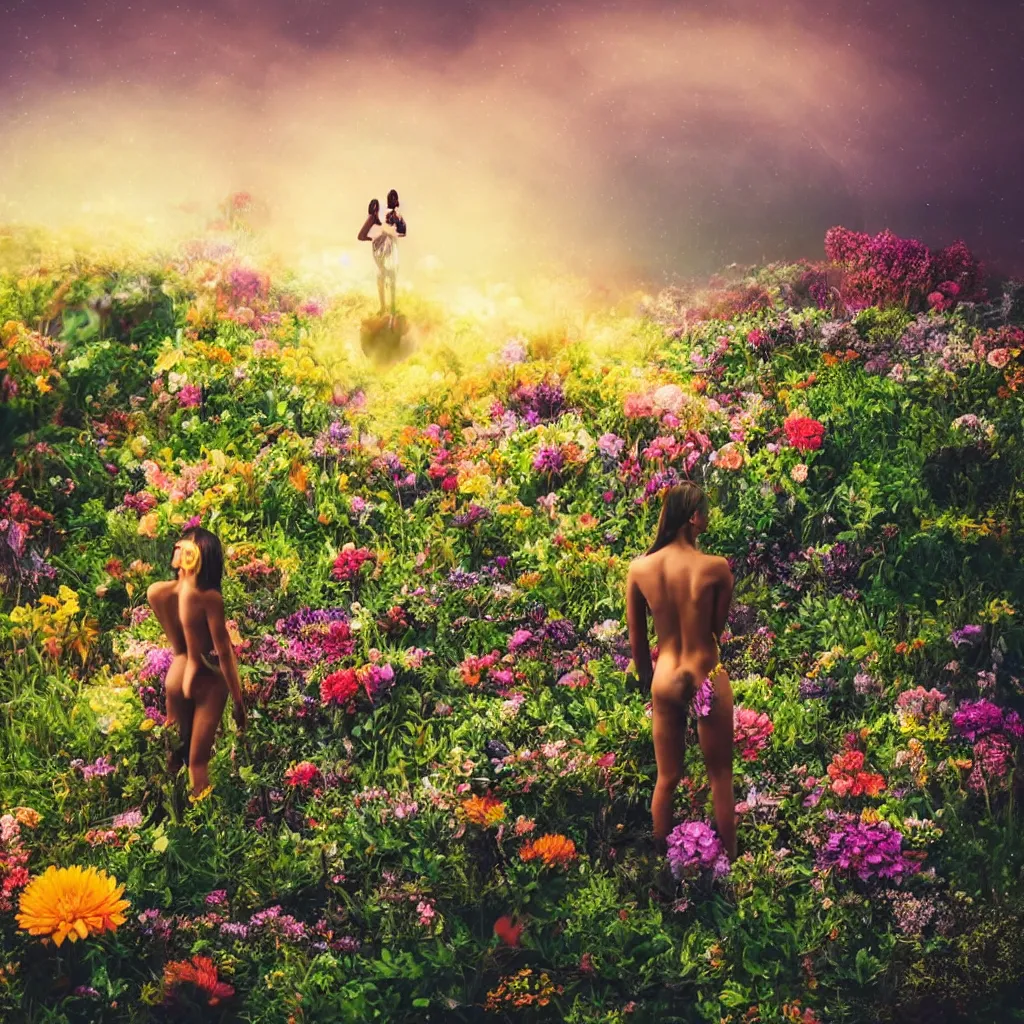 Image similar to a planet of various flowers, fungus and plants, in which the human figure is dressed in something magical and impressive, inside the picture is infinity, sunset light, Atmospheric phenomenon, artistic photography, muted colors, conceptual, long exposure outside the city