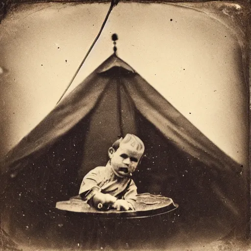 Prompt: tintype photo, boy circus tent, underwater, jellyfish