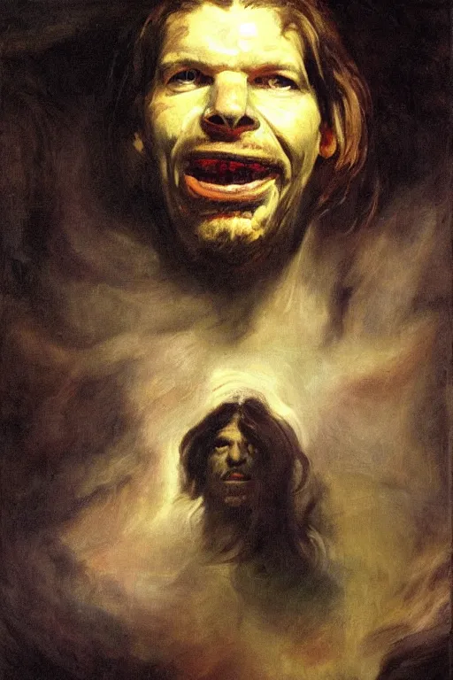 Image similar to menacing portrait of aphex twin emerging from the dark void, figure in the darkness, painted by Eugène Delacroix, John Singer Sargent, Adrian Ghenie, Francis Bacon,