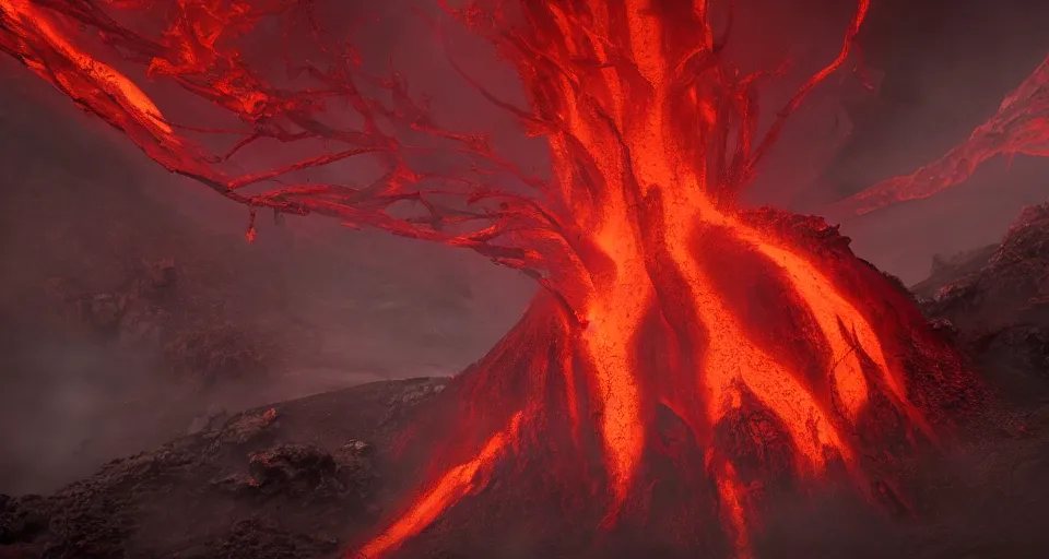 Image similar to a volcano made of ivory vines and crimson rocks enters in eruption, it spits a smoke in the shape of demonic eye, by Blizzard Concept Artists