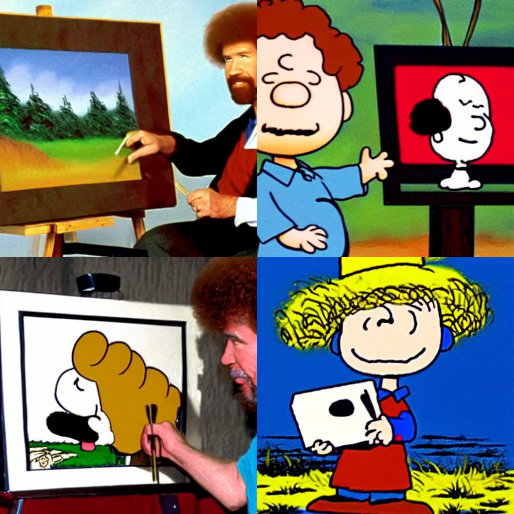 Prompt: Bob Ross painting a picture of Charlie Brown, tv show, 90s,