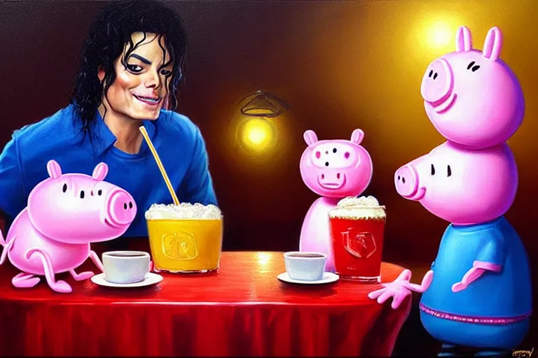 Image similar to michael jackson sharing a milkshake with peppa pig late night, an oil painting by ross tran and thomas kincade